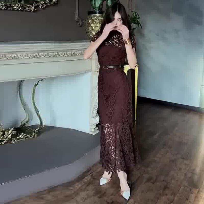 2025 New Women's Fashion Dark Brown Long Dress with Belt, Hollow-Out Lace, French Elegance for Cross-Border E-Commerce Amazon Europe/US