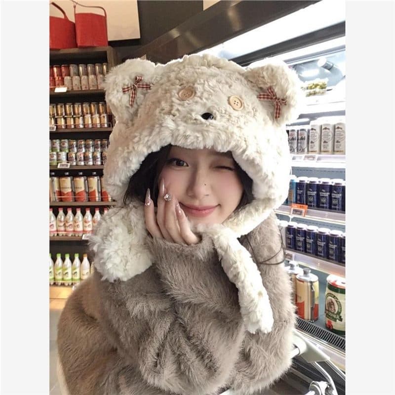 New Cartoon Bear Plush Hat with Scarf for Autumn and Winter, Cute Integrated Thickened Windproof Warm Scarf Hat, Lei Feng Style