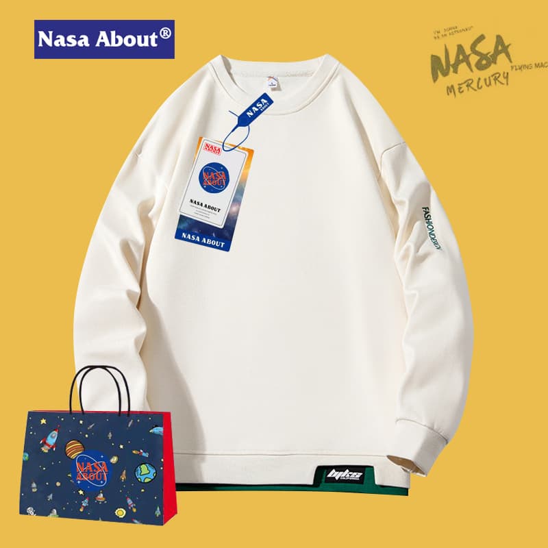 Loose Fit Long Sleeve Men's Hoodie NASA Collaborative Style Casual Streetwear Polyester Fiber Spring Autumn Fashionable Sweatshirt
