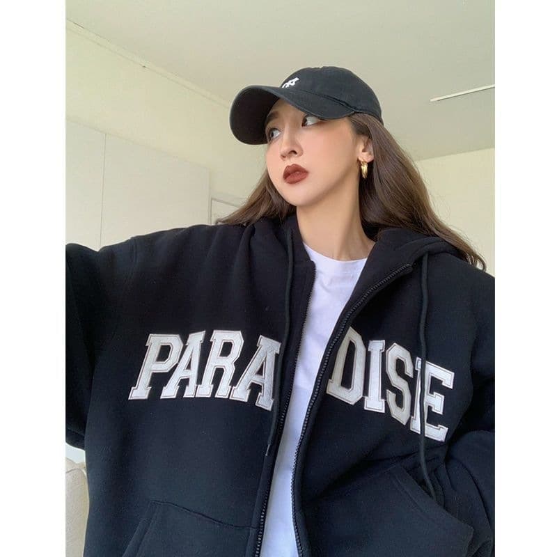 New Autumn/Winter American-style Loose Fit Cotton Hooded Zip-up Sweatshirt for Female Students, Casual Coat with Double-layer Fleece Lining