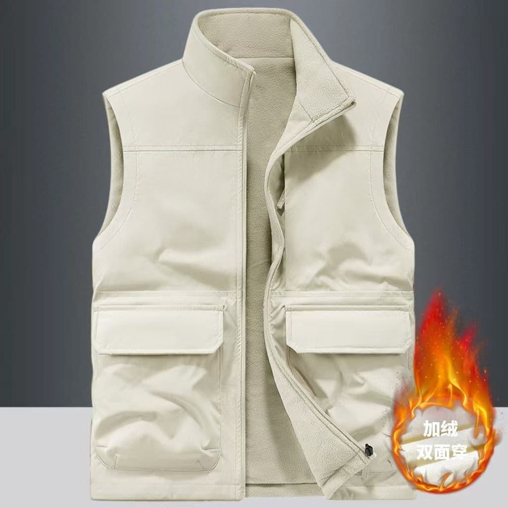 Reversible Men's Vest Autumn Winter Fleece-Lined Thickened Sleeveless Jacket Multi-Pocket Youth Middle-Aged Plus Size Casual