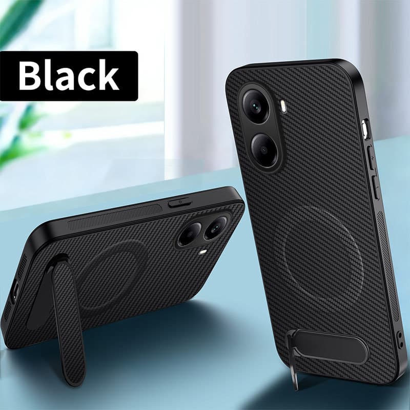 Compatible with Xiaomi Poco X7 Pro Carbon Fiber Leather Texture Stand Case Full Lens Coverage MagSafe Magnetic Phone Case