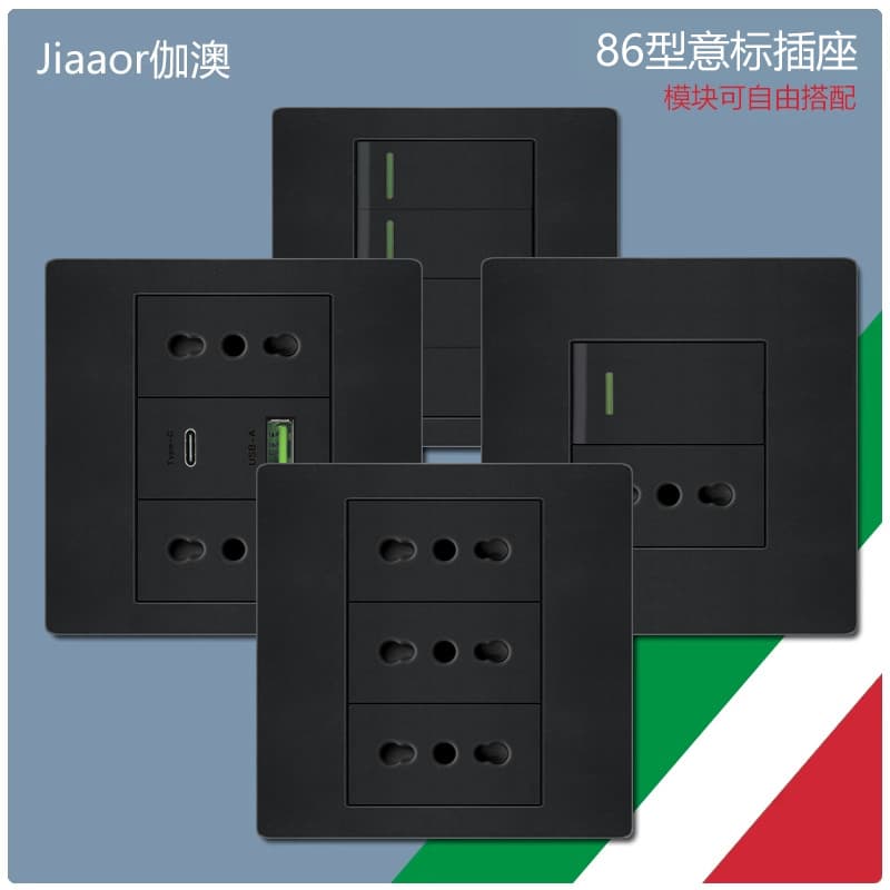Black Italian Standard Switch Socket Panel with Dual USB plus Type C Computer Plug Dark Mounted 3 Hole Phosphor Bronze Conductive Body