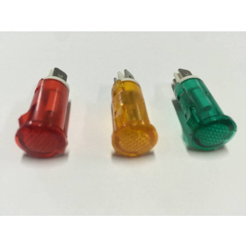 Large quantity of K20 refrigerated display case panel indicator lights with inserts, 230VAC red, yellow, and green indicator lights.