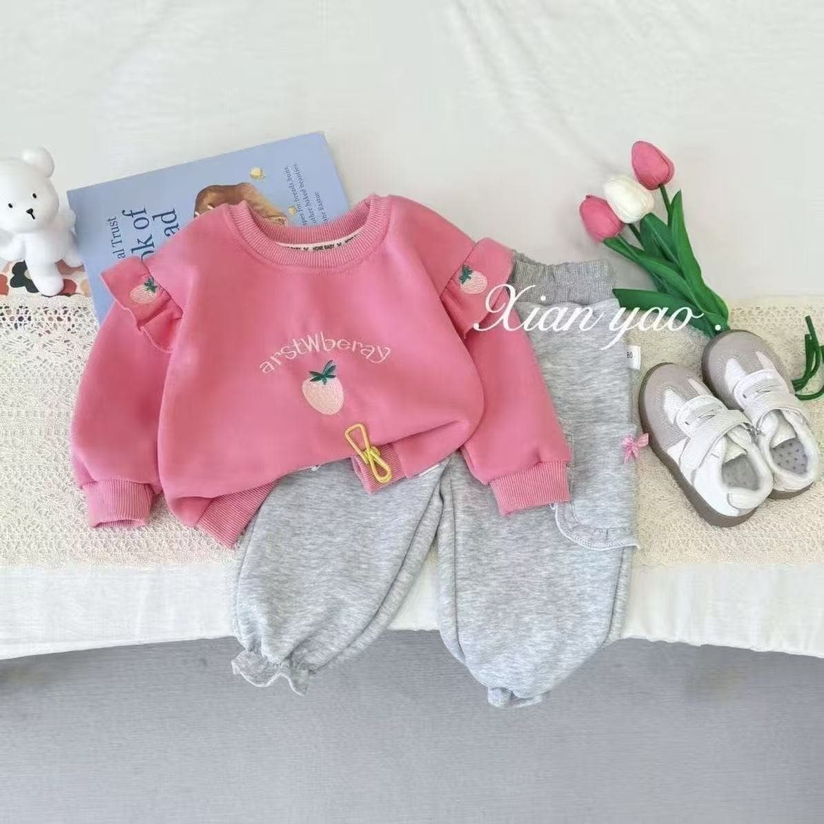 Girls Autumn Korean Style 2026 Baby Embroidered Jacket Spring/Autumn Infant Crew Neck Casual Outfit Set