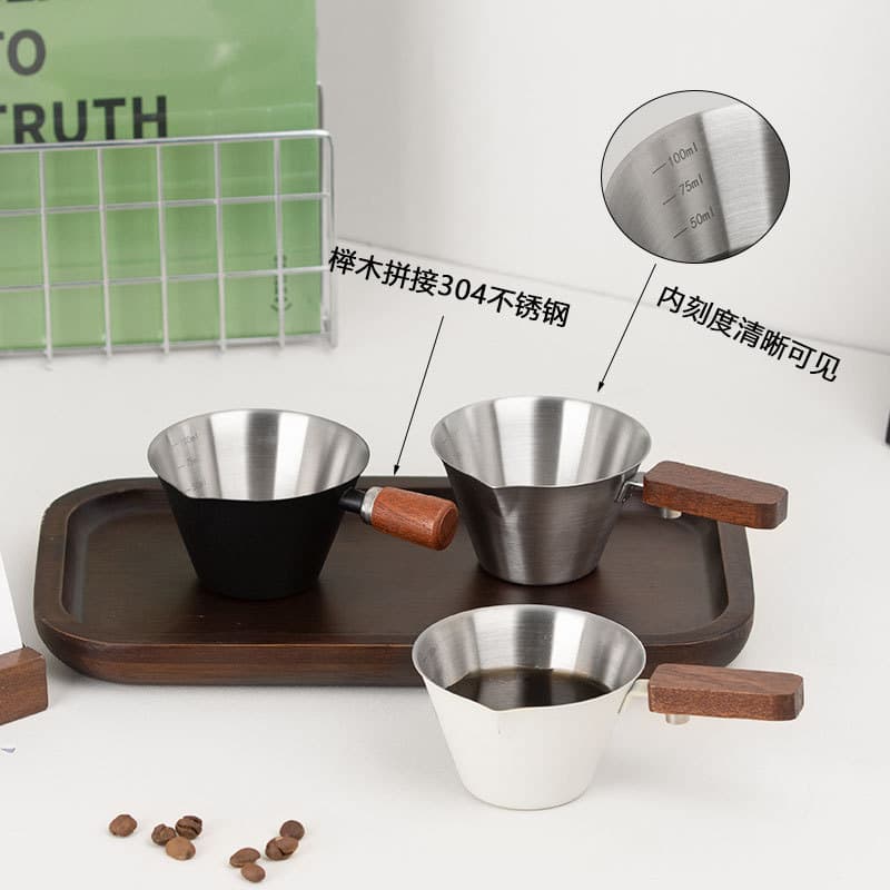 Beechwood handle espresso measuring cup, stainless steel graduated milk pitcher, coffee extraction cup