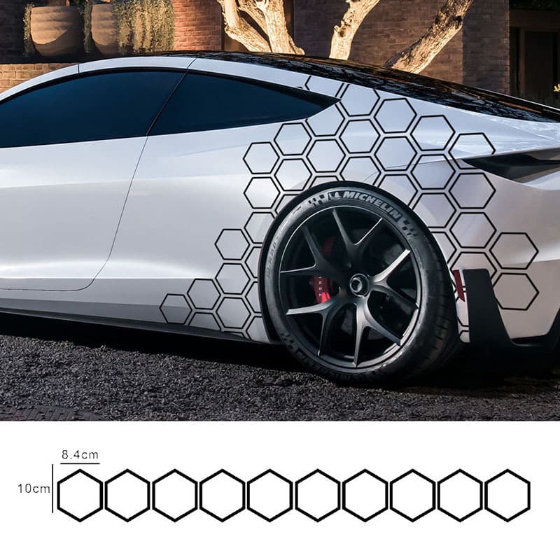 Cross-border Reflective Vehicle Body Sticker Hexagon Pattern Side Door Decals 10pcs Set Honeycomb Side Skirt Stickers DIY Kit