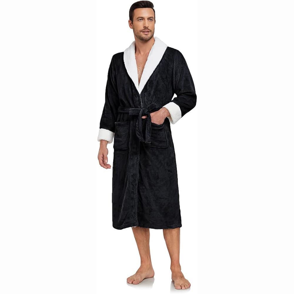Men's Thickened Fleece Long Bathrobe Soft Warm Full-Length Shawl Collar Homewear Sleepwear S-XXL