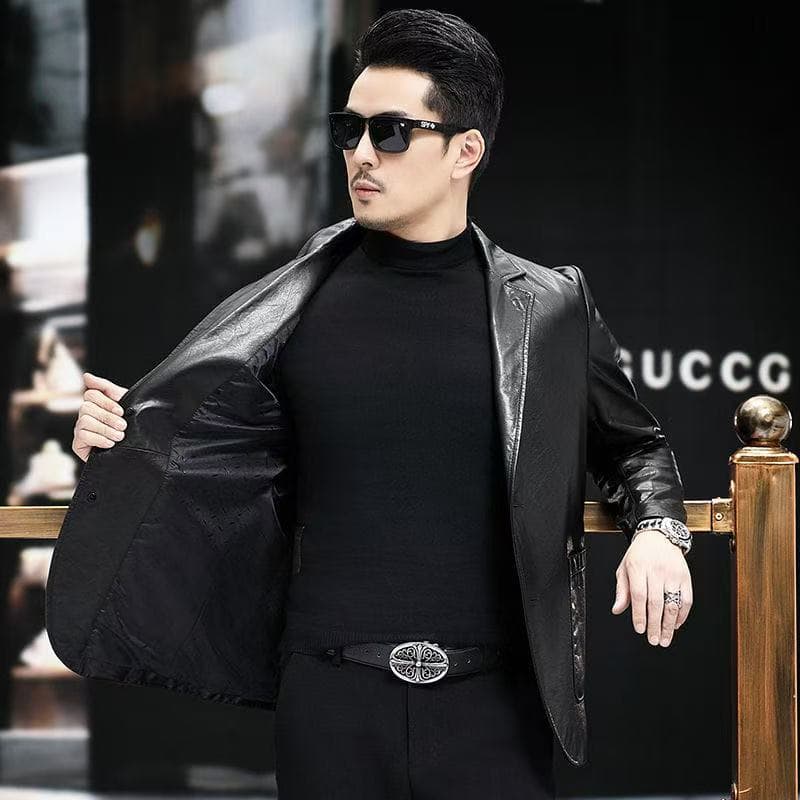 Men's Cowhide Leather Jacket, Middle-Aged Father's Style, Lapel Cowhide Business Casual Leather Jacket for Men