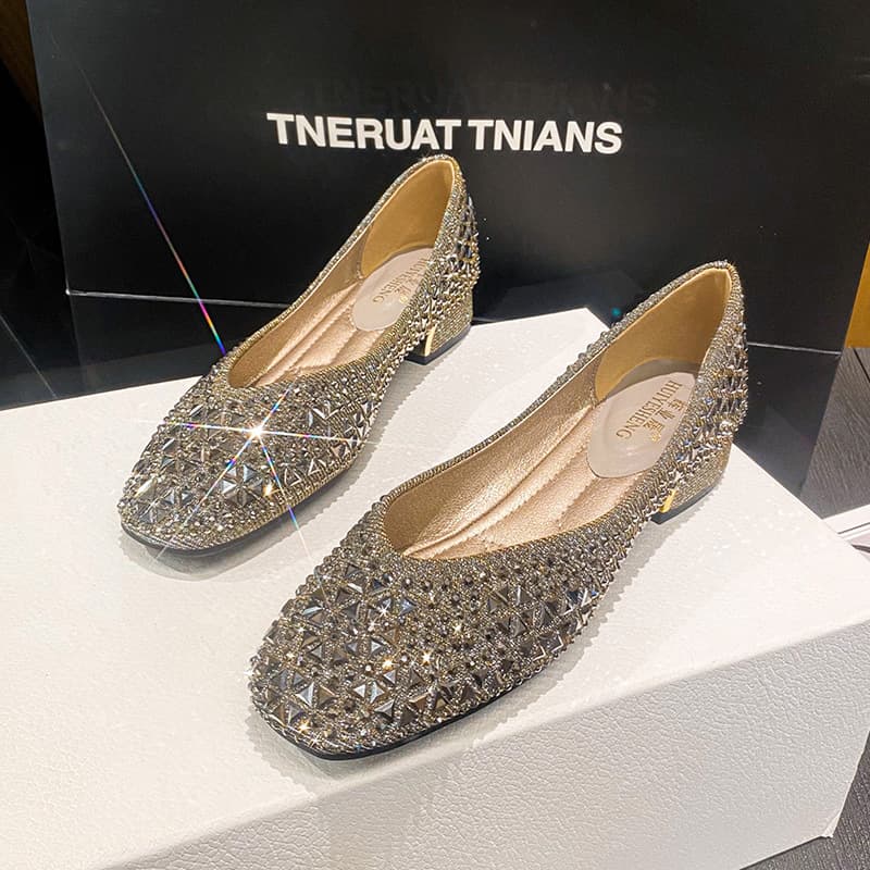 Women's New Fashion Elegant Flats French Square Toe Shallow Mouth Rhinestone Chunky Heel Flats 41-43