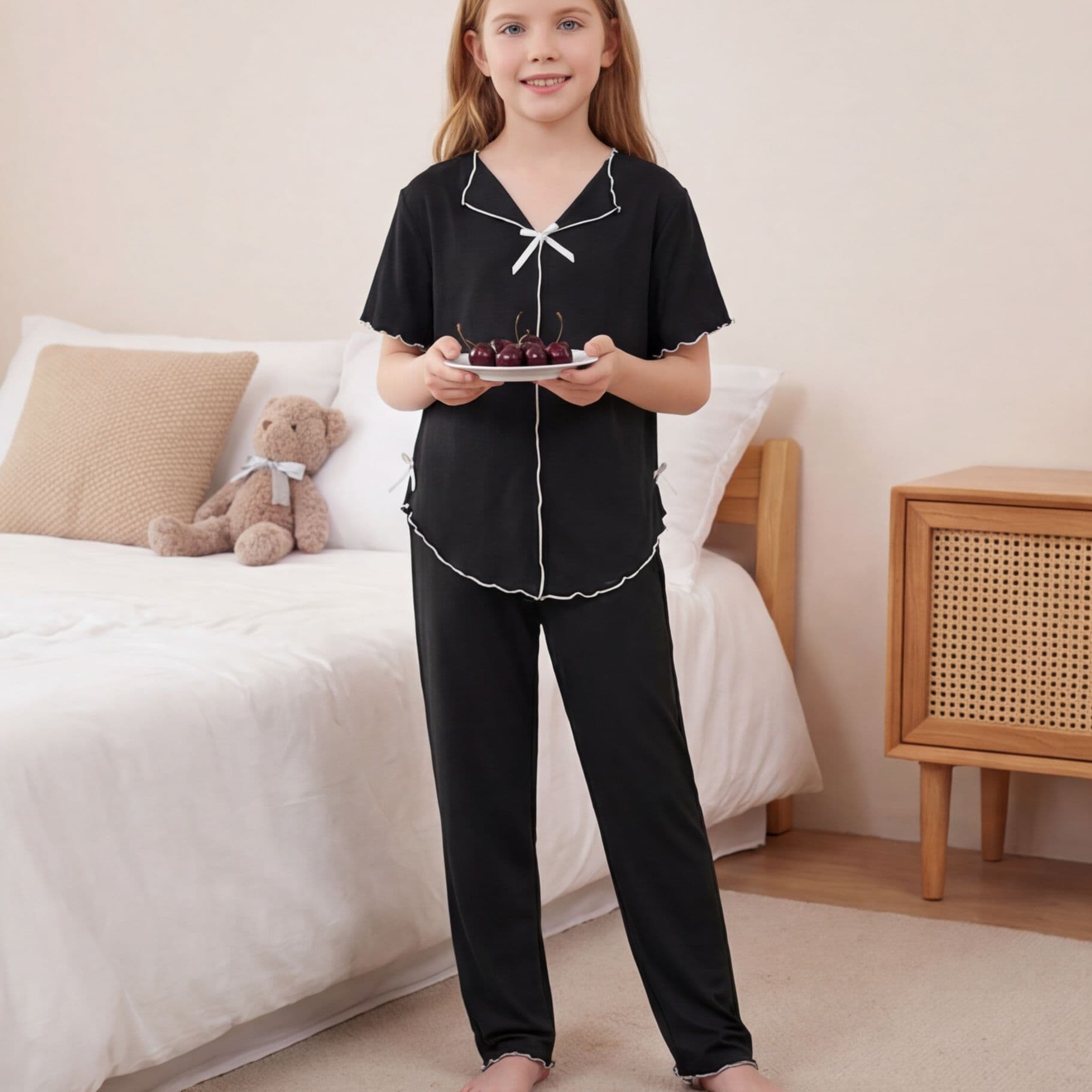 Amazon cross-border wholesale European and American women's and plus-size girls' spring/summer pajama set, black short-sleeved loungewear, casual two-piece set