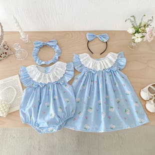 Summer 26 Short-Sleeve Baby Girl New Triangle Romper with Doll Collar Dress Fashionable Sibling Set
