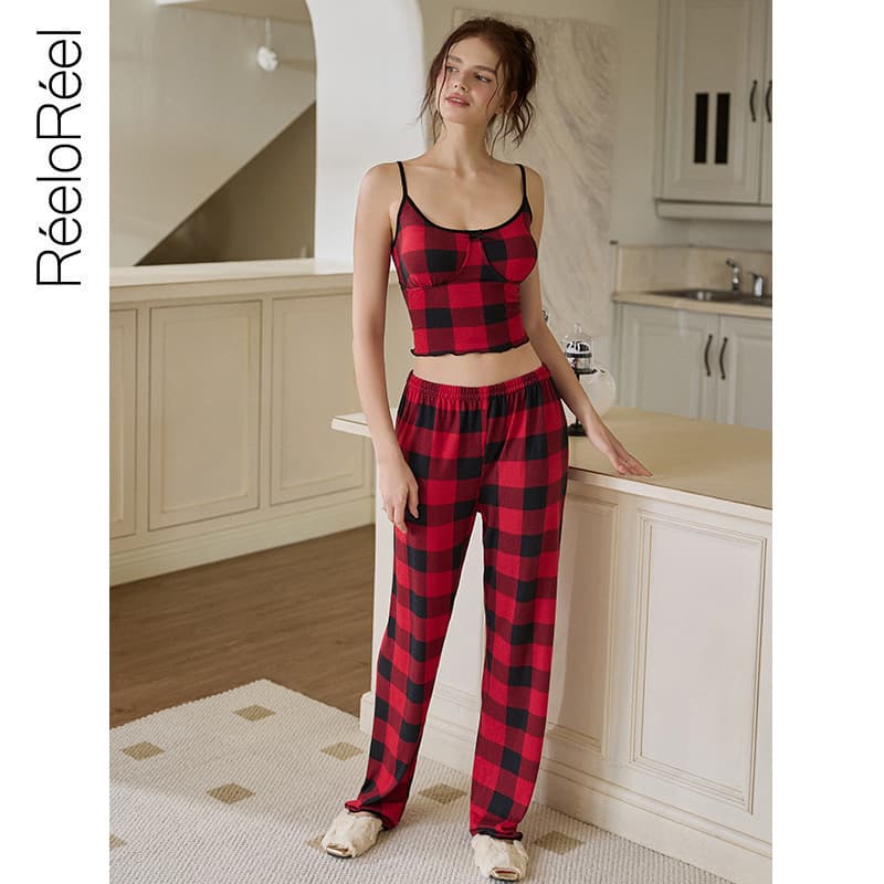 Grid Camisole Pajamas for Women 2026 Spring/Summer New Arrival Brushed Craft Simple Loungewear Set