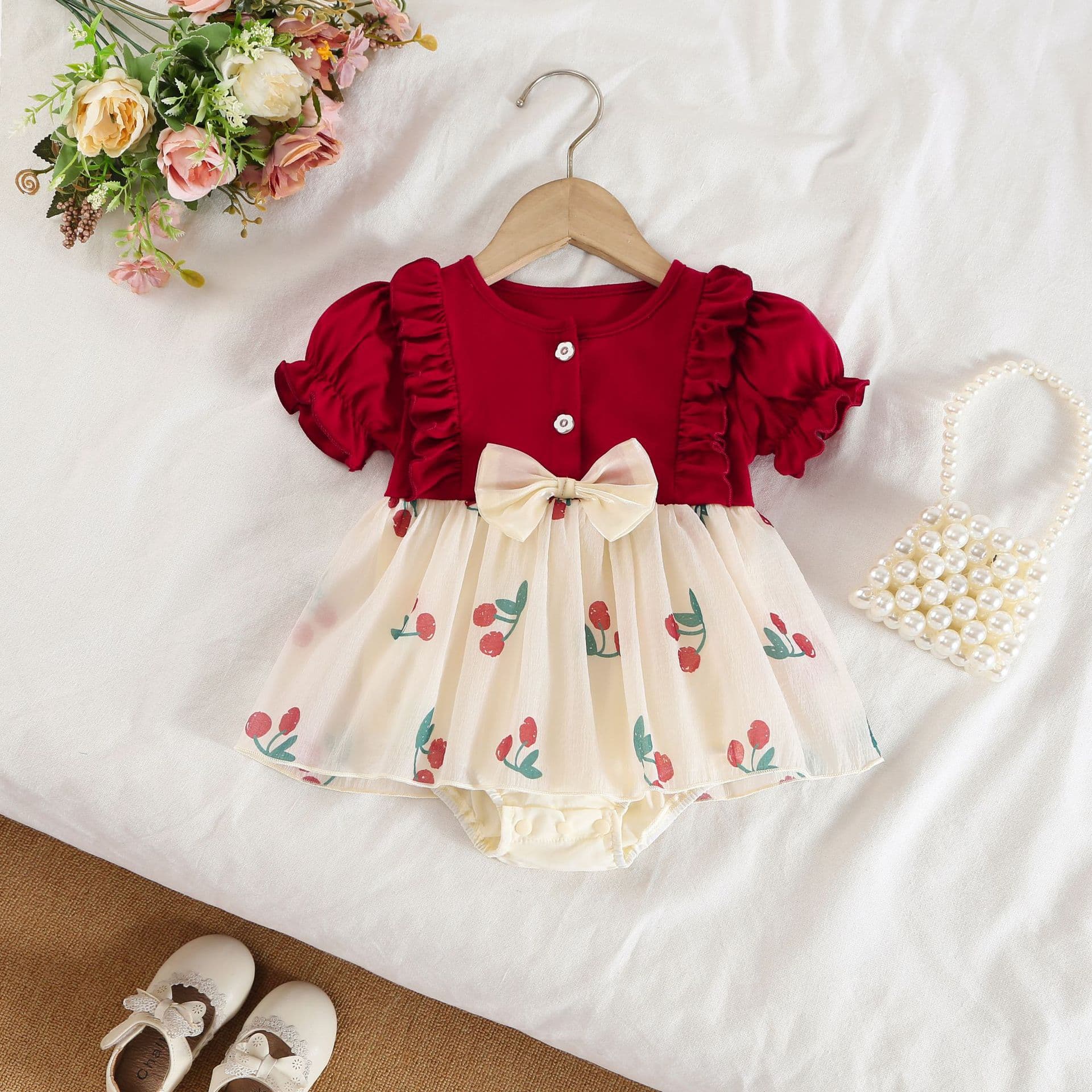 Amazon European American Cross-Border Kids Clothing Wholesale Red Cherry Print Princess Dress + Bow Hair Accessory