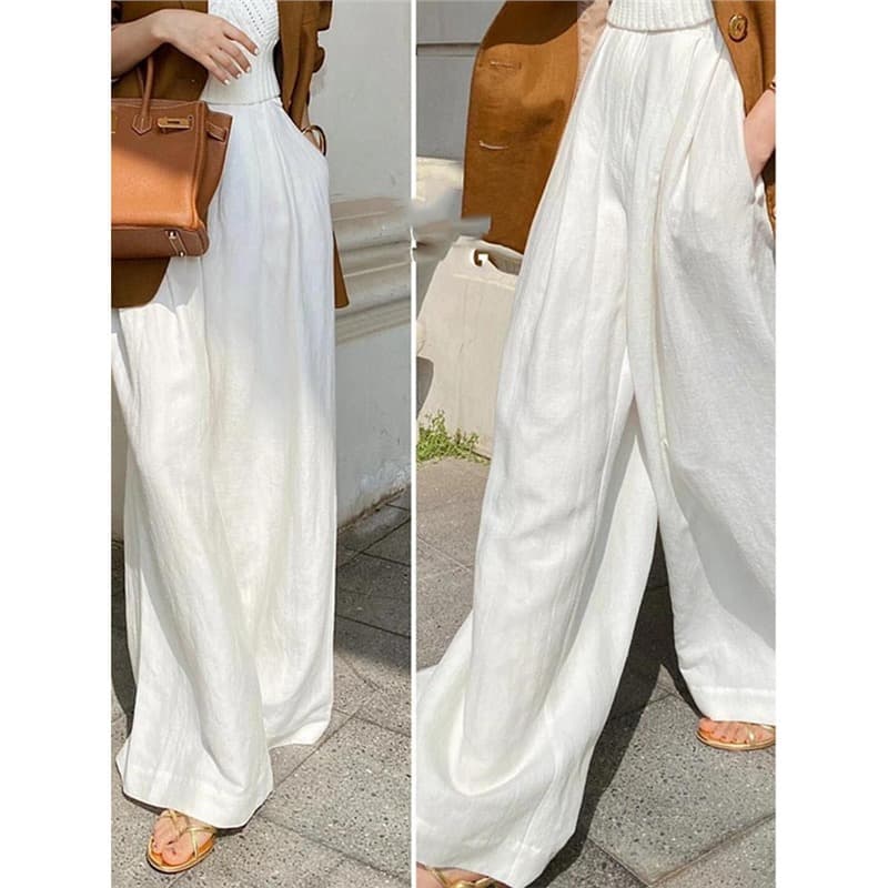 2025 Summer New Korean Style Pear-Shaped Body Loose Slimming All-Match Casual Simple White High-Waist Wide-Leg Pants for Women