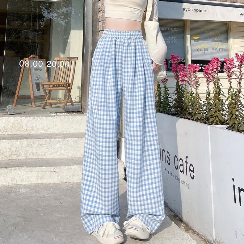 Ice Silk Plaid Pants for Women Spring Summer New High-Waist Slimming Checkered Straight Wide-Leg Casual Pants