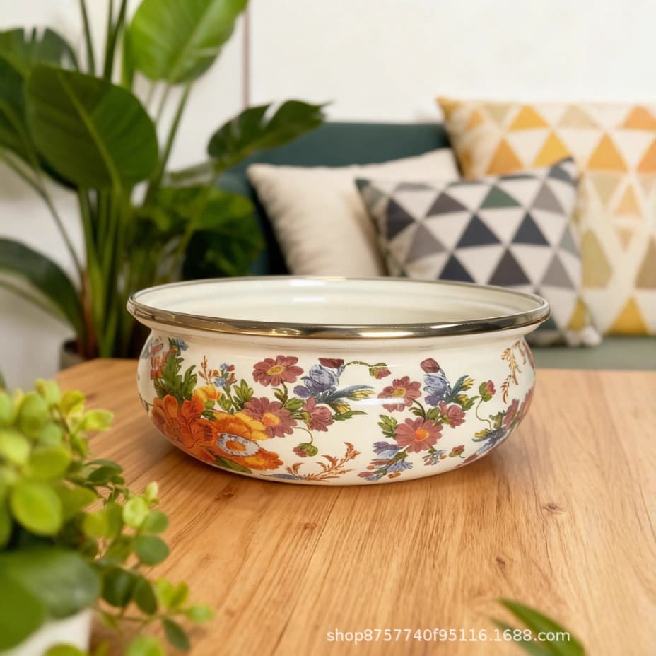 Thick Large Capacity Enamel Basin, Old-style Iron Enamel Soup Bowl with Gold Rim