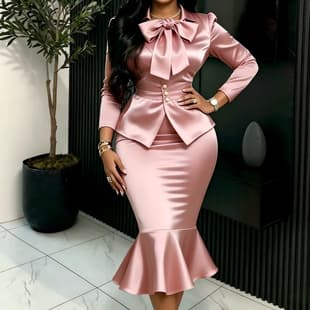 Cross-Border Elegant Satin Skirt Set, Bowknot Slimming Blazer with Fishtail Bodycon Dress Two-Piece Set