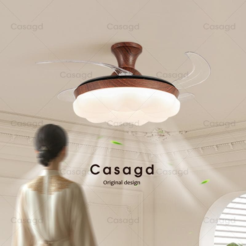 Medieval Fan Lamp Restaurant Bedroom Retro Walnut Color Invisible Fan Lamp Living Room Eye Protection Ceiling Fan Lamp Casagd