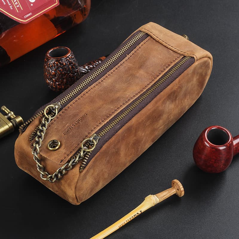 Crazy Horse Leather Tobacco Pipe Bag, Handheld Double Zipper Large Capacity Vintage Pipe Pouch Storage Bag, Portable Men's Cowhide Leather