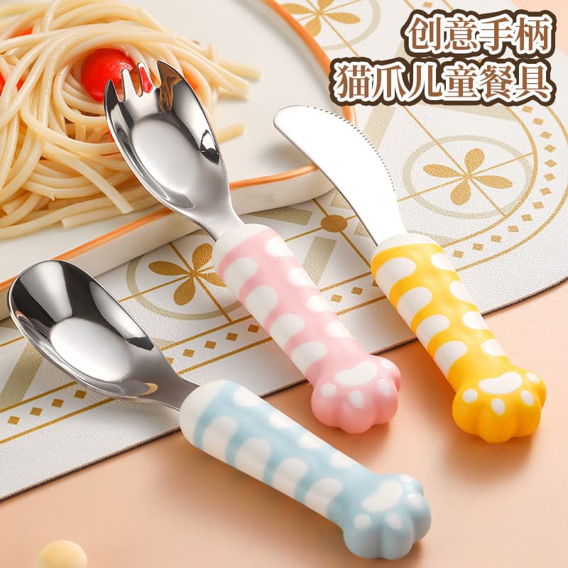 Youcheng Cat Claw children's tableware 316 stainless steel knife, fork and spoon portable set baby eating large capacity spoon
