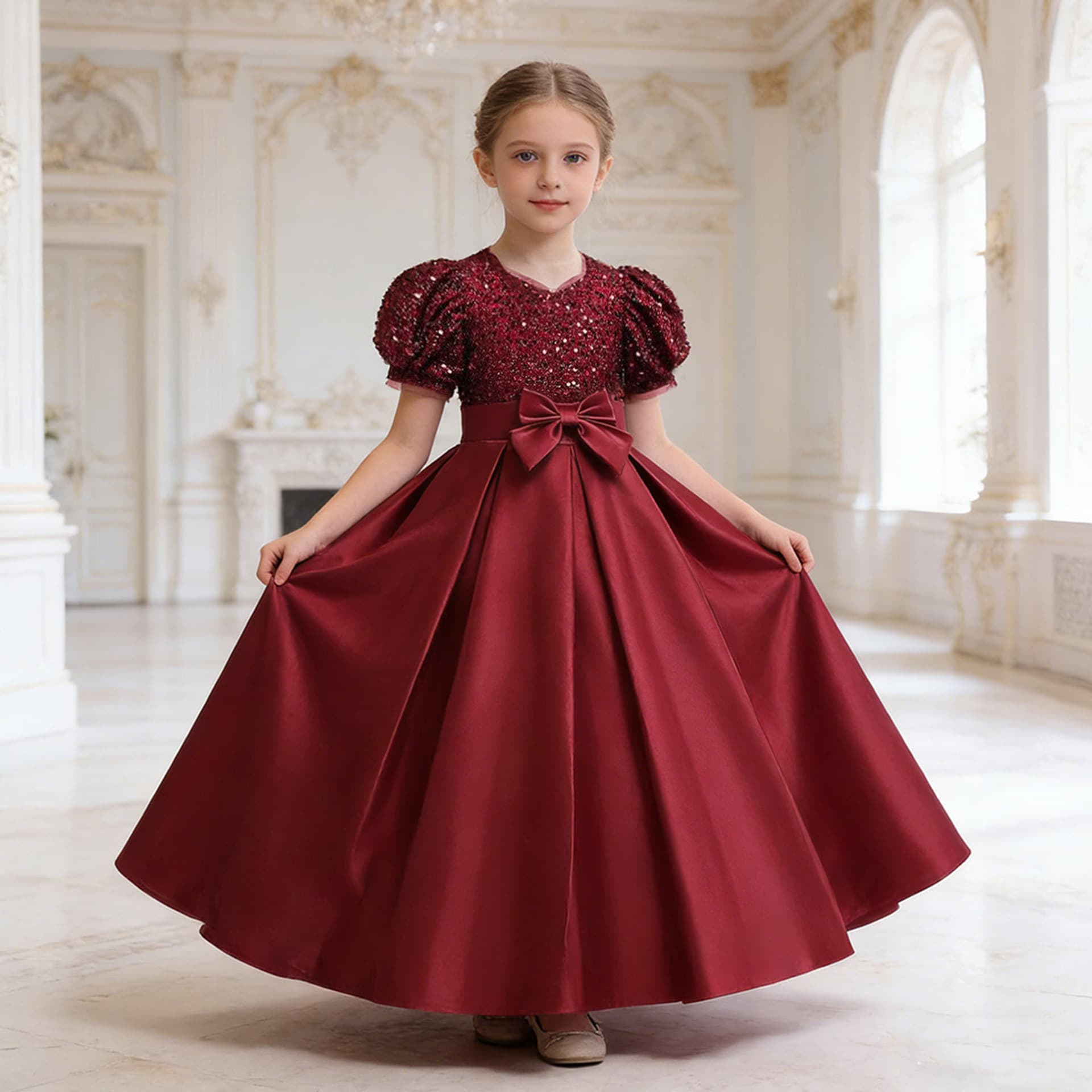 Girls' Princess Dress Children's Party Long Dress Sparkling Skirt Little Girl Hostess Costume Folded Coated Mashed Polyester Blend