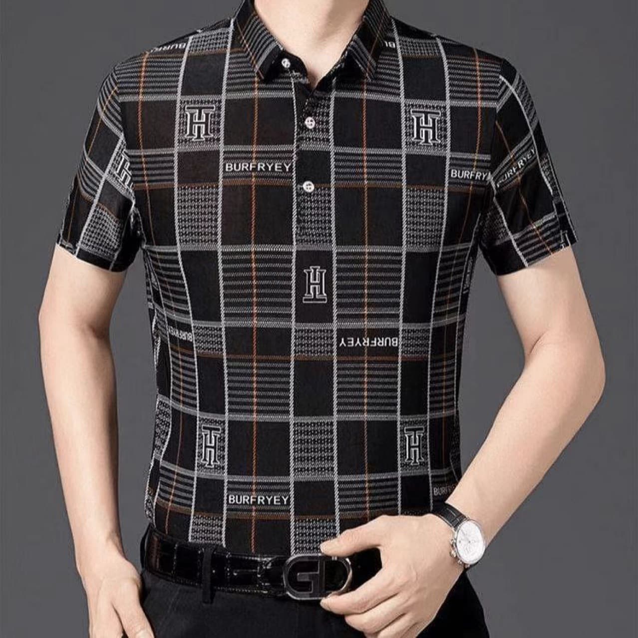 Summer Short-Sleeve Polo Shirt for Men, Fashion Plaid Print T-Shirt, Lapel, Middle-Aged Men's Lightweight Half-Sleeve Top