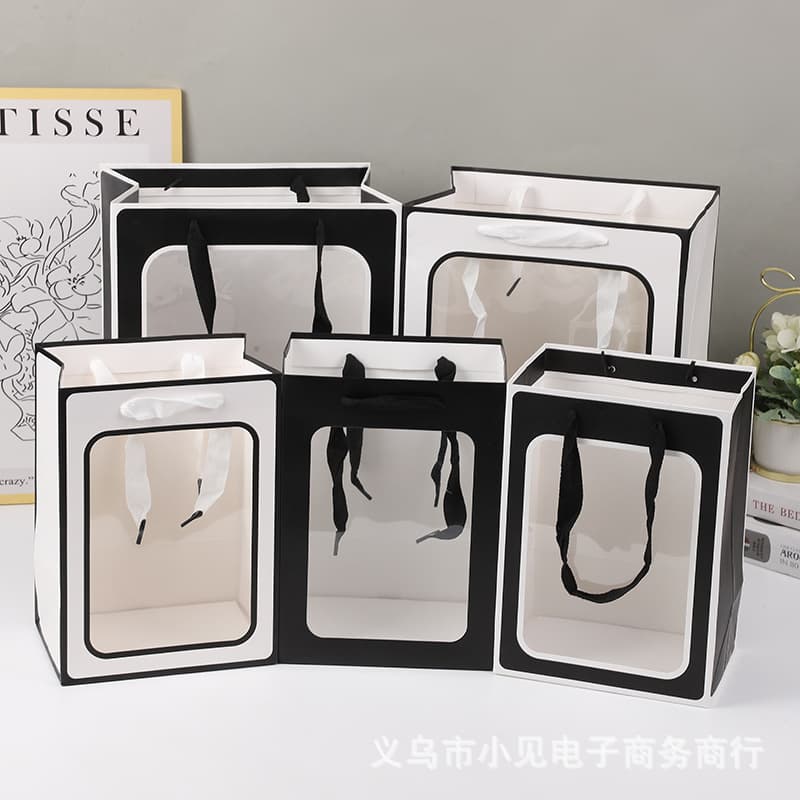 Transparent Handheld Gift Bag Floral Bouquet Packaging Doll Wrapping Bag Holiday Gift Bag White Pink Red Black Kraft Paper Bag