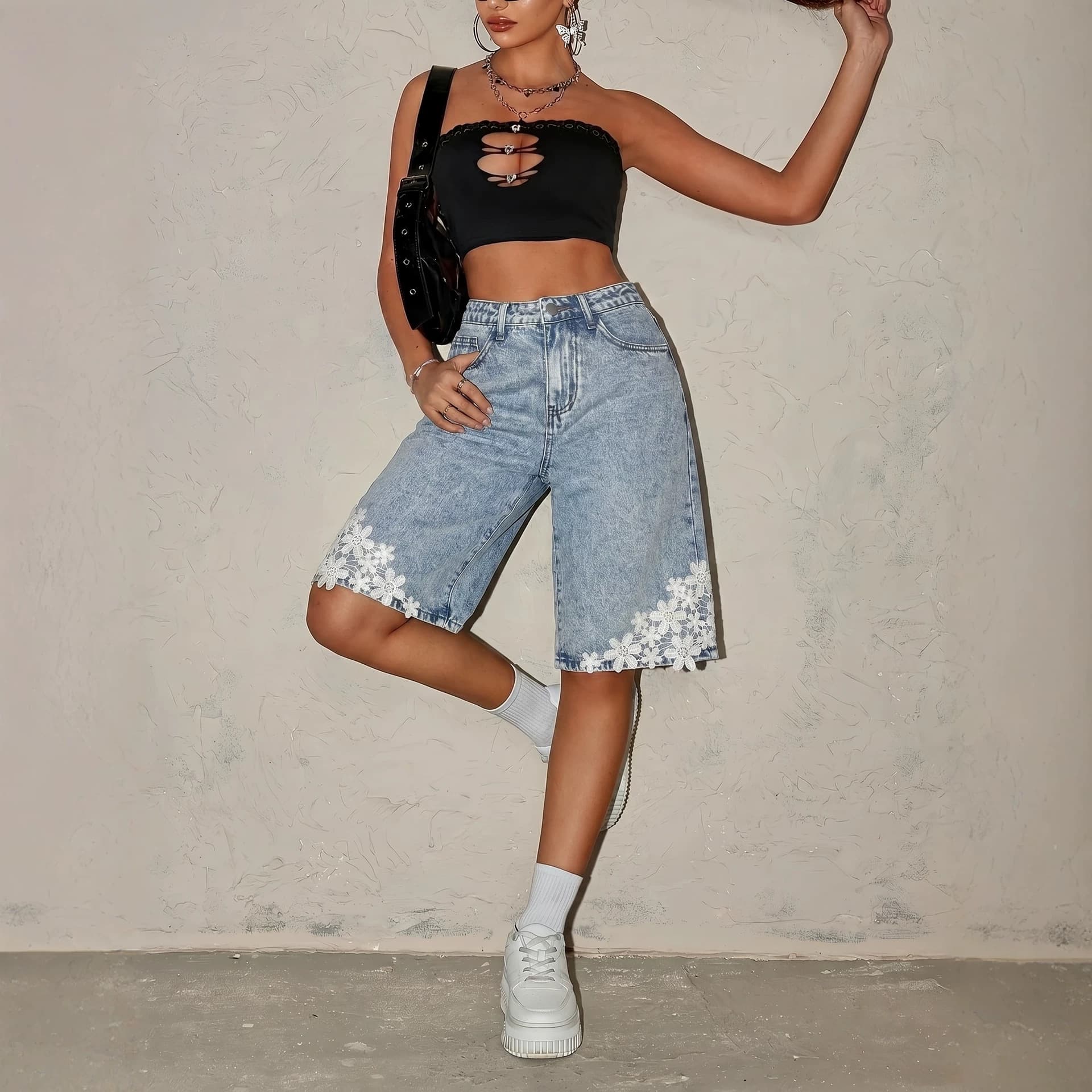Cross-border for EU/US Amazon SHEIN Hot-Selling Teen Girls Lace Trim Five-Quarter Denim Shorts Stock