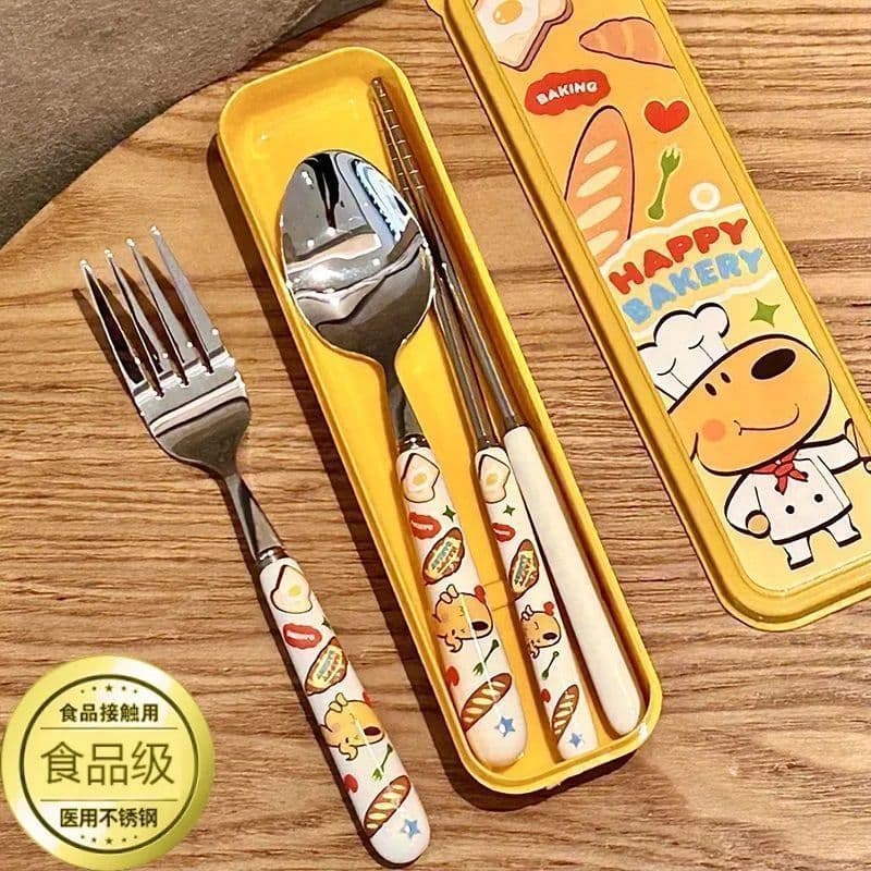 3-year-old dormitory household cute bread dog tableware set spoon and fork three-piece set portable kitchen supplies cartoon creative