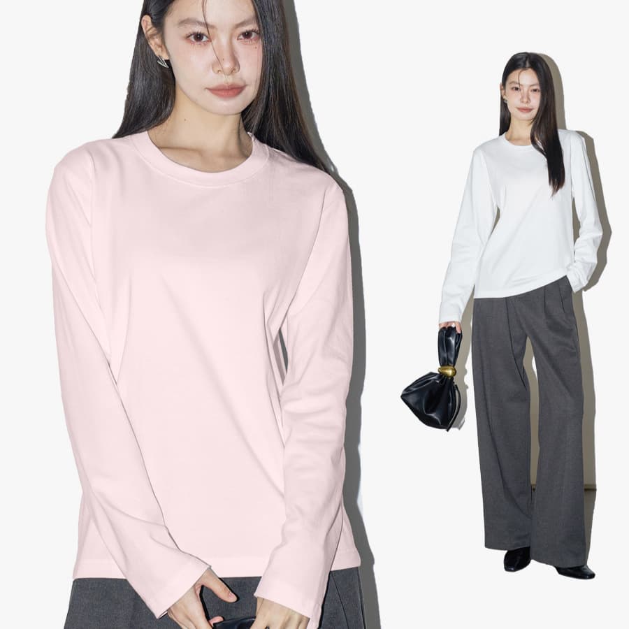 Pink long-sleeved t-shirt for women, pure cotton bottoming shirt, layered t-shirt, loose plain color, versatile round neck top