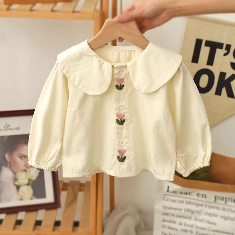 Girls' Shirt Spring Autumn New Baby Top Girls' Peter Pan Collar Blouse Girls White Lace Undershirt