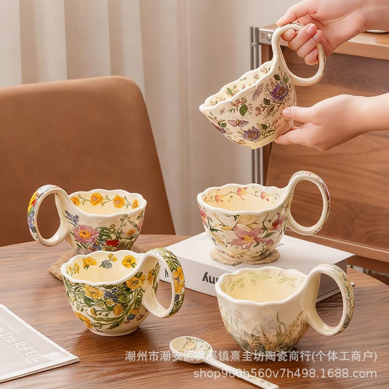 Vintage Oil Painting Floral Dessert Bowl Breakfast Cup Large Capacity Ceramic Cup Exquisite Gift Box for Women