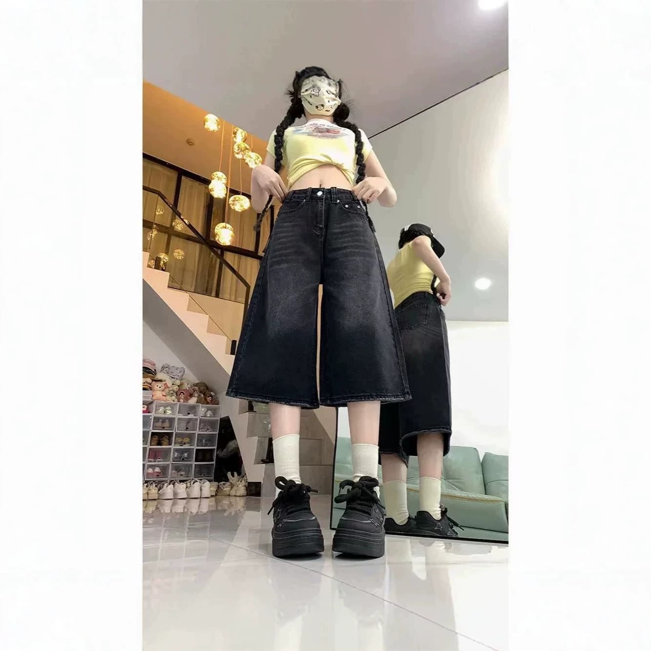 American High-Street Spring/Summer New 7-Point Denim Shorts for Women, Distressed Loose Wide-Leg Slimming Versatile Straight-Leg Mid-Length Pants