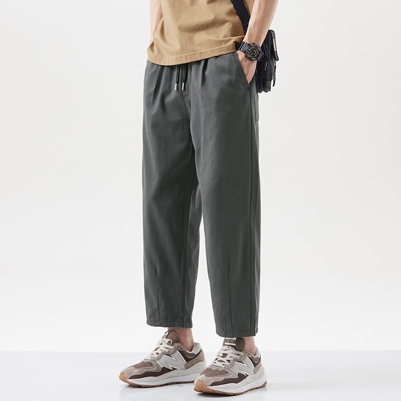 Men's Pure Cotton Slimming Pants Summer Hong Kong Style Straight Wide-Leg Quick-Dry Drawstring Cropped Pants Trendy Brand Height-Enhancing Casual Pants
