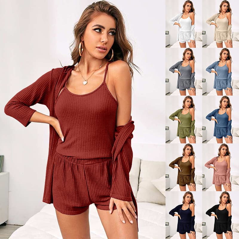 Factory Direct Waffle Knit Three-Piece Loungewear Set: Camisole, Shorts, and Casual Pajama Set for Outdoor Wear