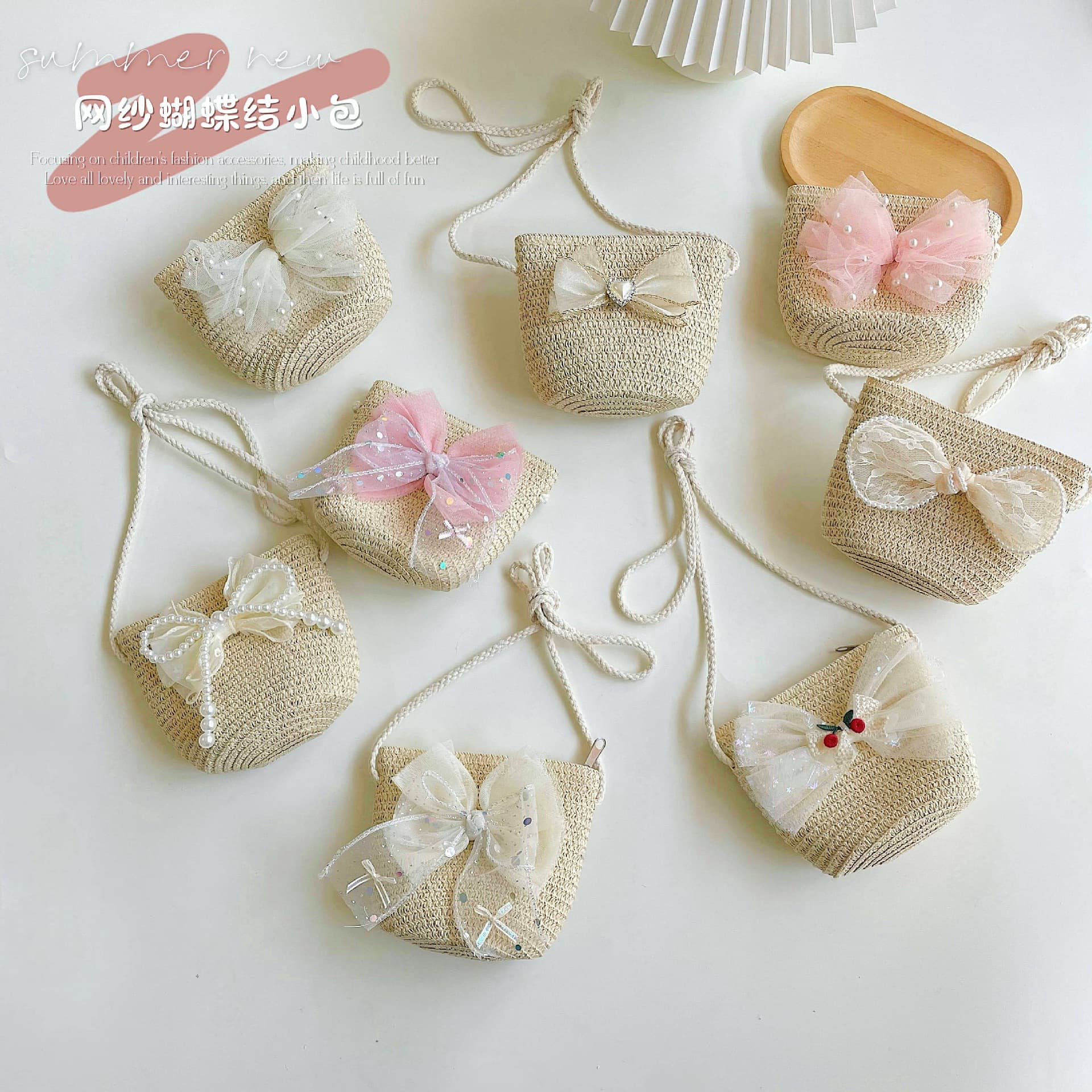 Mesh Sweet Bow Straw Woven Bag, Children's Vacation Style Beach Bag, Outfit Photography Princess-style Crossbody Bag