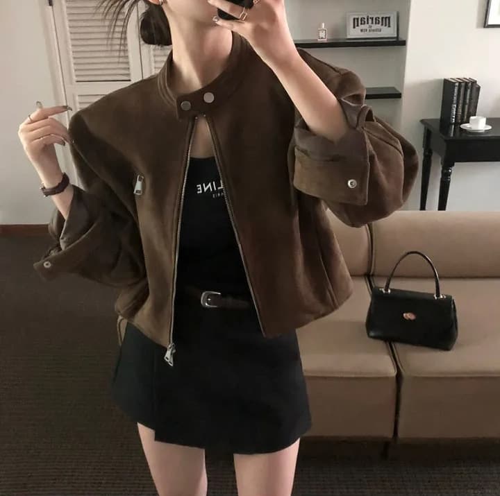 Korean Chic Autumn Retro Vintage Stand Collar Zipper Pocket Loose Versatile Short Motorcycle Jacket Coat for Women