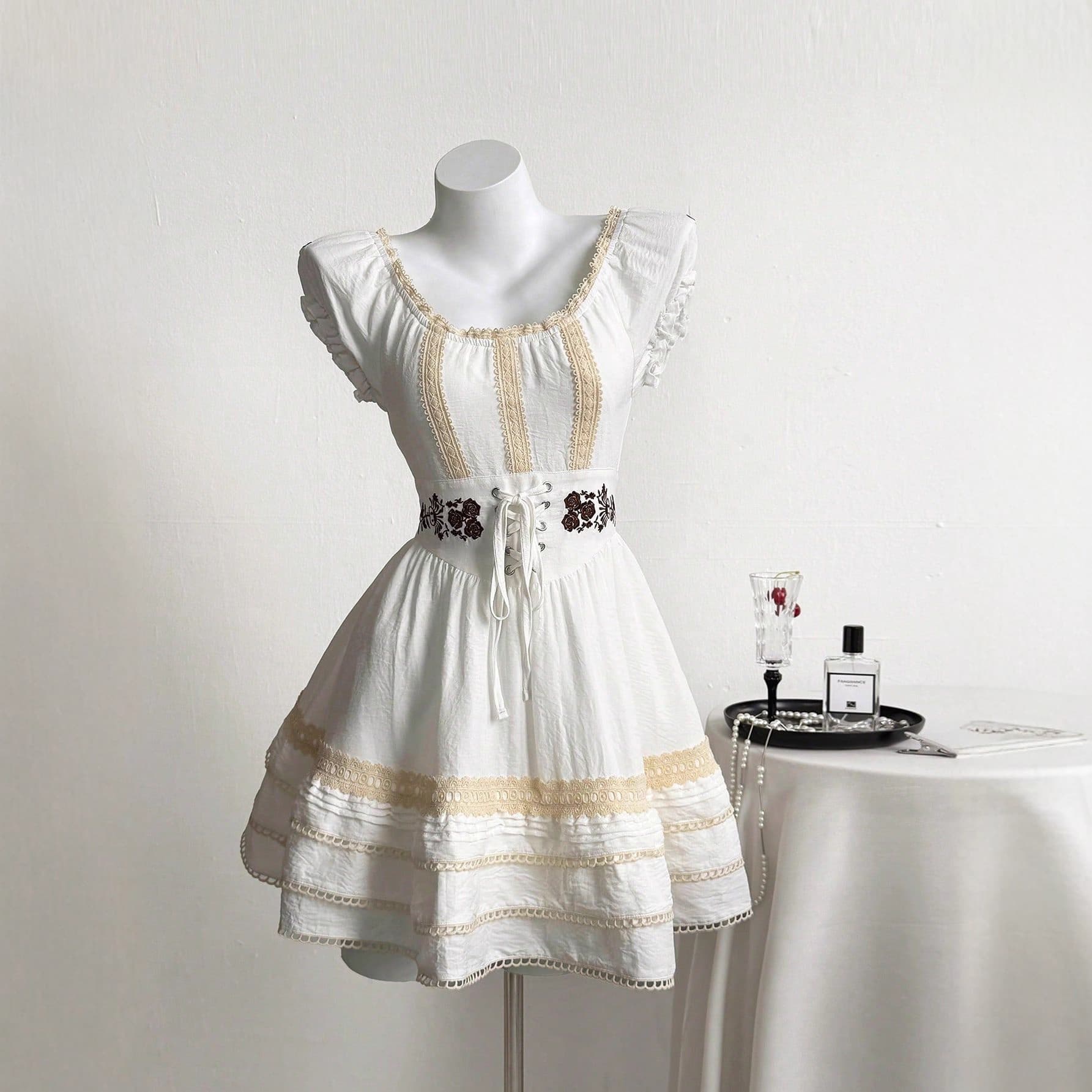 Pre-sale-73712# Cross-border EU/US Amazon Women's Vintage Lace Patchwork Puff Sleeve Dress