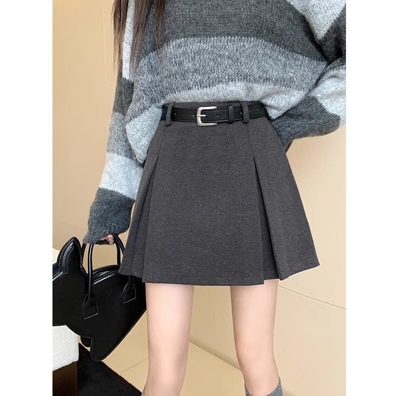 Gray Wool Skirt for Women Autumn Winter 2024 New Pleated A-Line Bodycon Short High-Waist Skirt for Petite