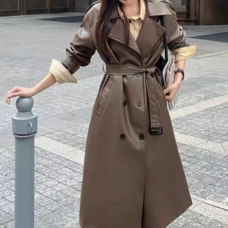 New Fall/Winter PU Leather Trench Coat for Women, Mid-Length Double-Breasted Waist-Cinching Slimming British Style Outerwear Coat, Wholesale Women's Apparel