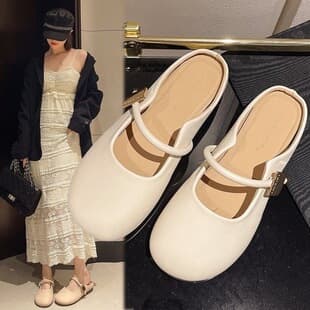 Elegant versatile square buckle toe half-slip soft bottom internet-famous outdoor slip-on slippers for women, Mary Jane style gentle single shoes