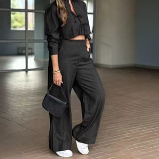 Long Style Cross-Border Spring/Summer New Hot Women's Elastic Waist Loose Long Pants Tie Long Sleeve Casual Daily Set