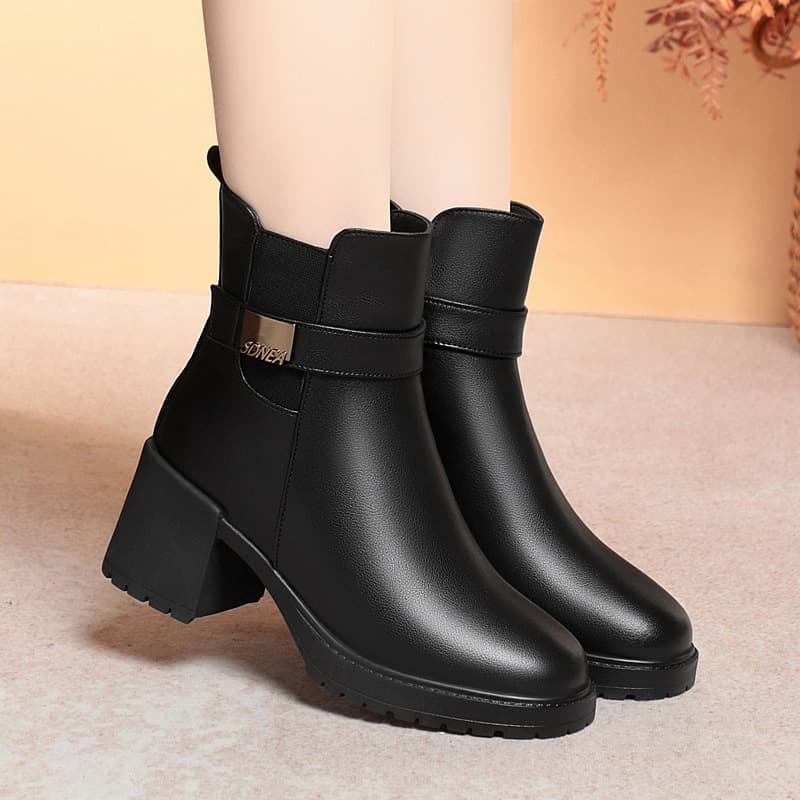 2024 Soft Leather Plush-Lined Short Boots Women Autumn Winter Chunky Heel Warm Mom Cotton Shoes Plus Size Wool Women's Boots PJ-6612
