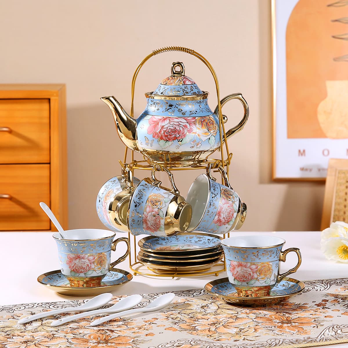 20-Piece European Ceramic Coffee Cup & Teapot Set, Gold-Plated Tea Set, Cross-Border Coffee Cup & Saucer Afternoon Tea Set, Water Pitcher