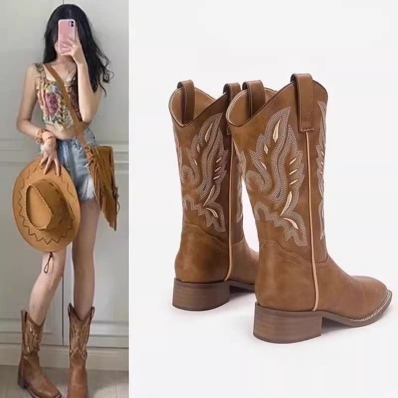He Sui Tong Style Retro Western Cowboy Boots Women Martin Boots Maillard Autumn 2026 New Mid-Calf Knight Boots Chunky Heel