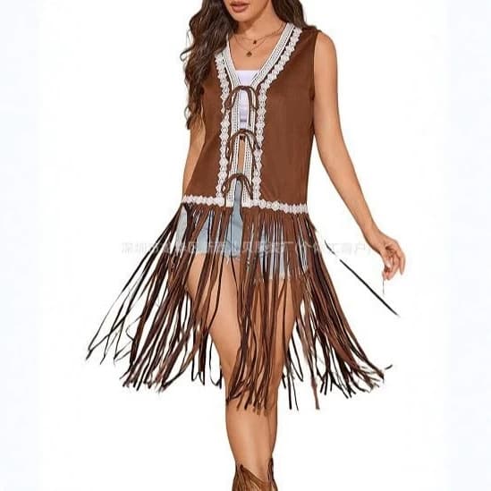 Tassel Vest Women's 60s 70s Hippie Halloween Sleeveless Faux Suede Front Tie Lace Trim