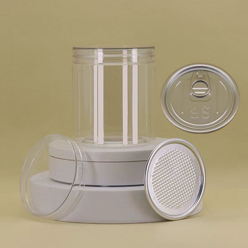 Crystal-lid PET plastic jars, transparent food packaging jars with easy-tear and pull lids, suitable for pickles, flowers, tea, and nuts.