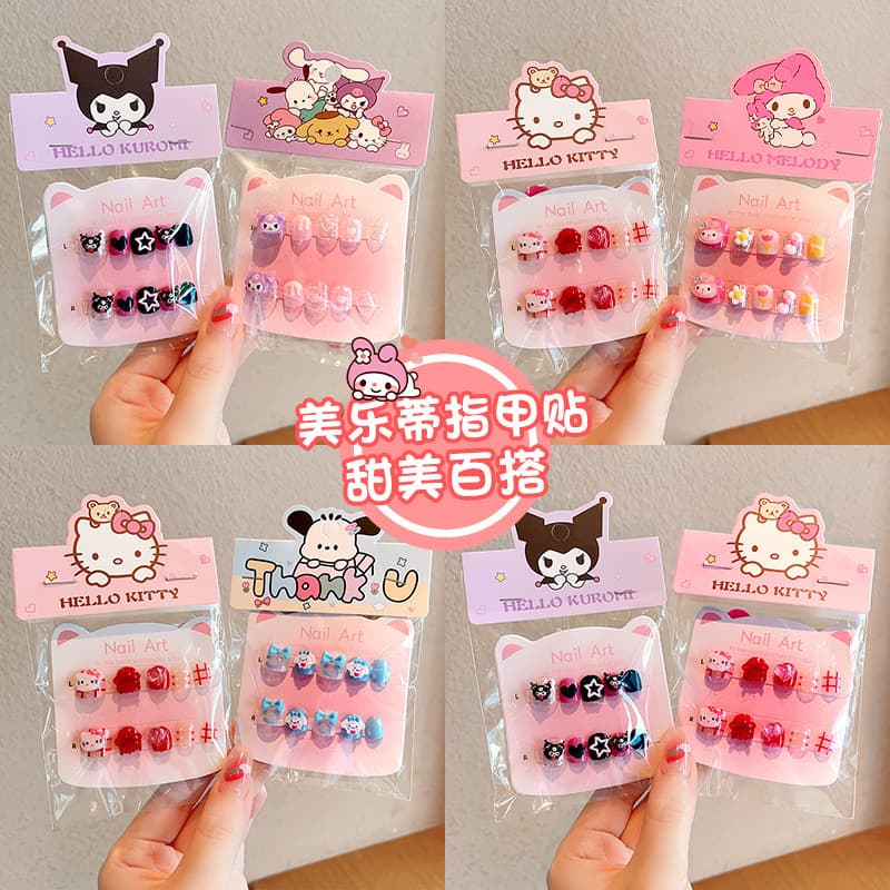 Sanrio Kids Wearable Nails Girls Cute Student Nail Tips Sweet Designs Children Nail Stickers