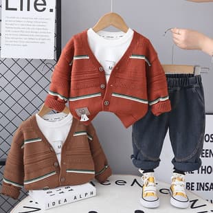 Boys Spring Autumn Outfit Set 2025 New Trendy Kids Cardigan Three-Piece Set Baby Cool Fall Clothes